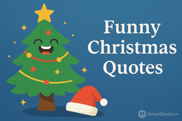 A festive holiday scene featuring a humorous Christmas quote displayed on a decorated background with Christmas ornaments, Santa hat, and twinkling lights.